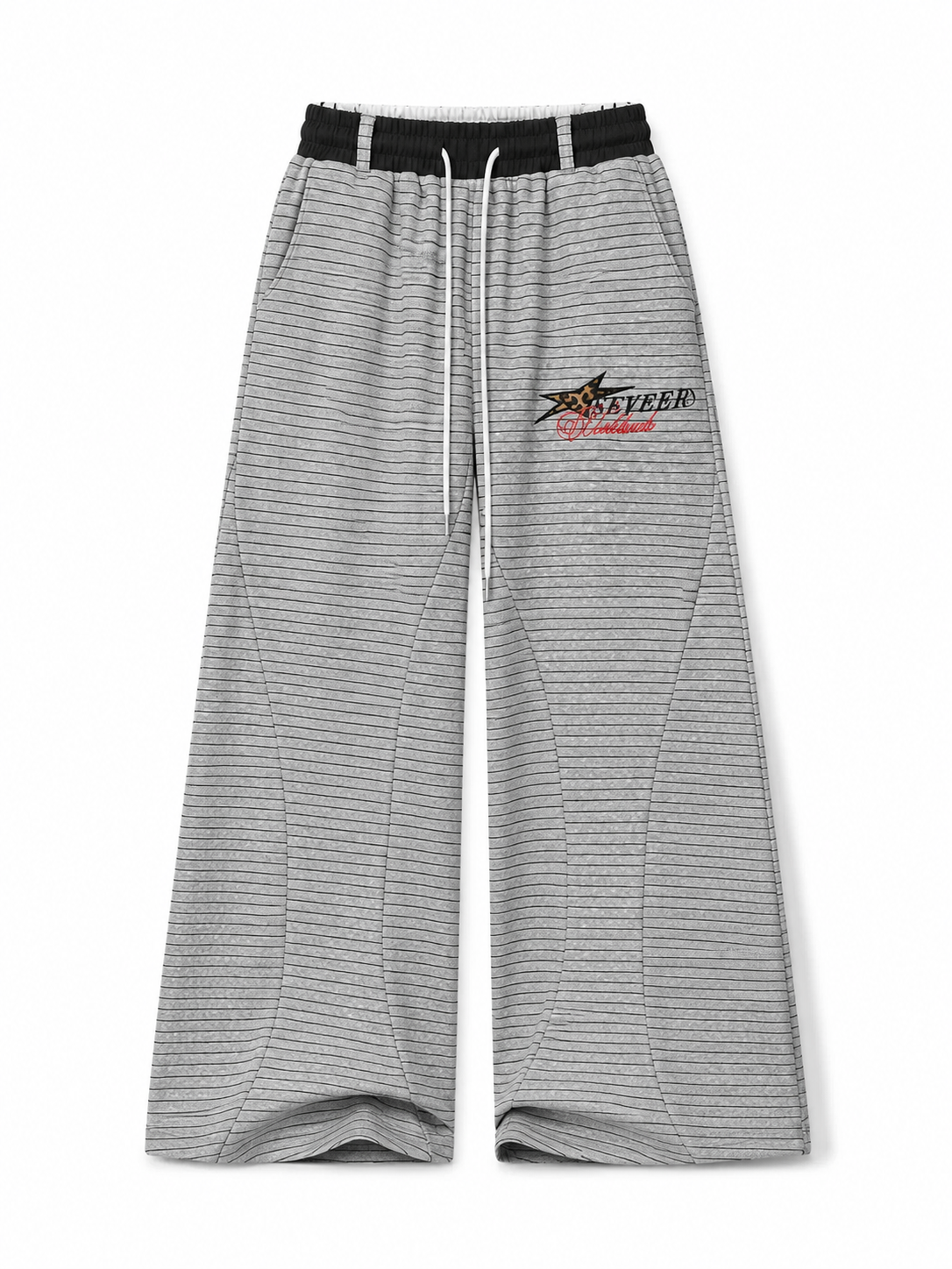 Heather gray stripe embroidered curved-seam wide-leg pants front view