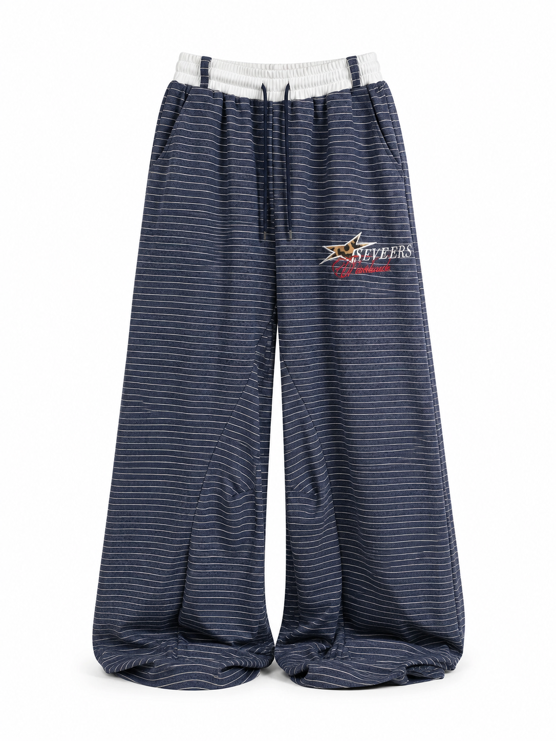Navy stripe embroidered curved-seam wide-leg pants front view