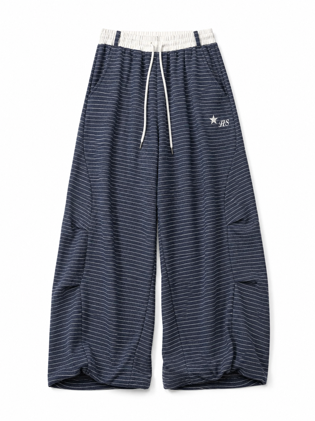 Navy stripe curved-seam pants back view