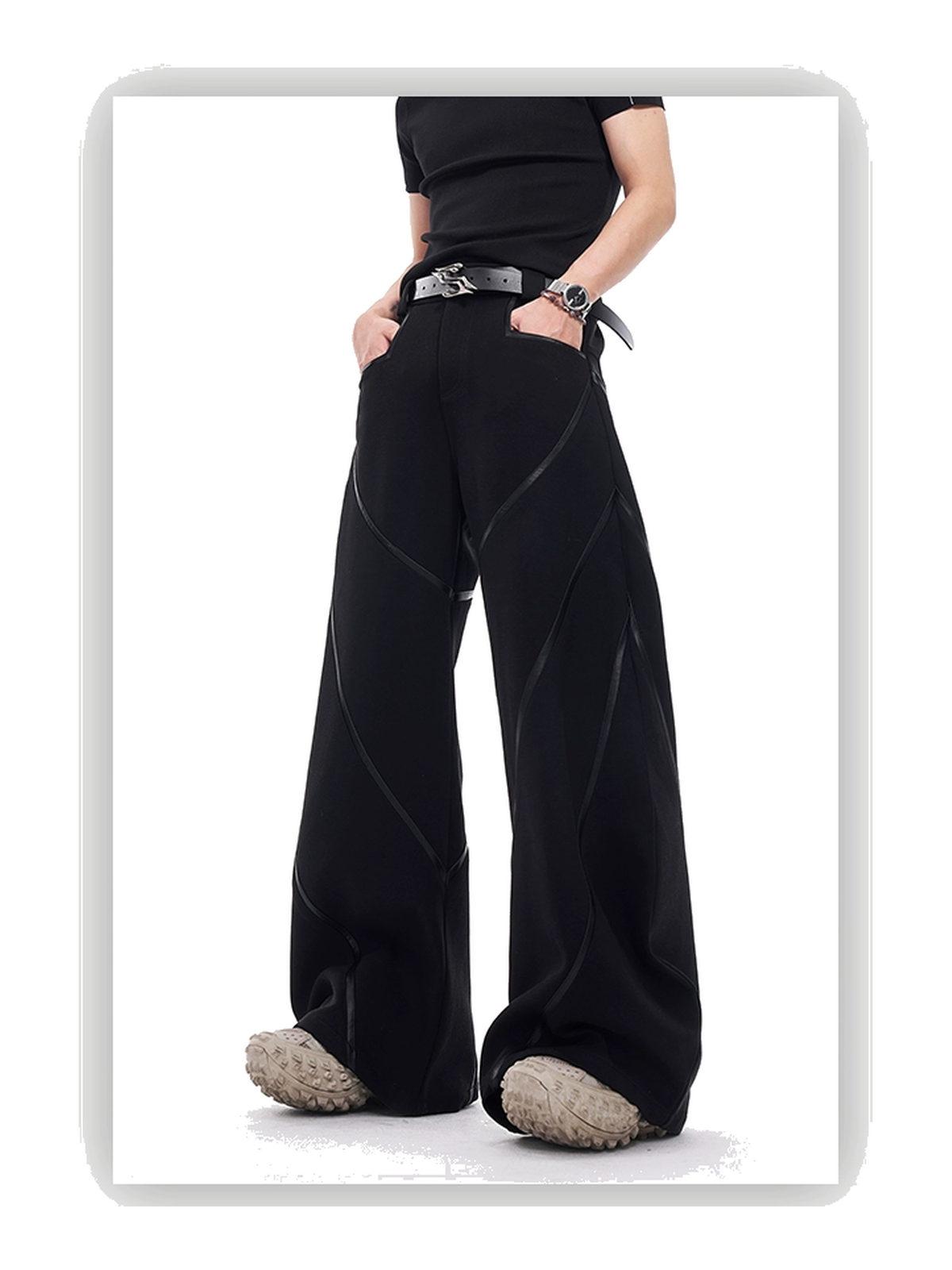 Faux-Leather Panel Barrel-Leg Pants product view 1