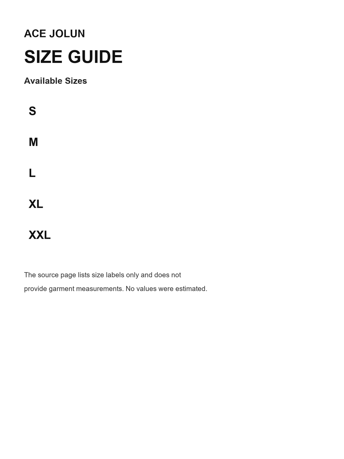 Ace Jolun size guide for Fleece-Lined Zip Hoodie