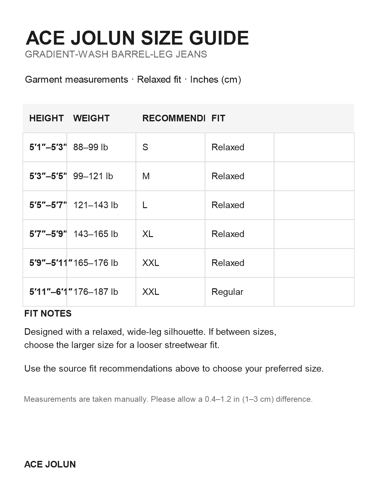 Ace Jolun gradient-wash barrel-leg jeans size guide