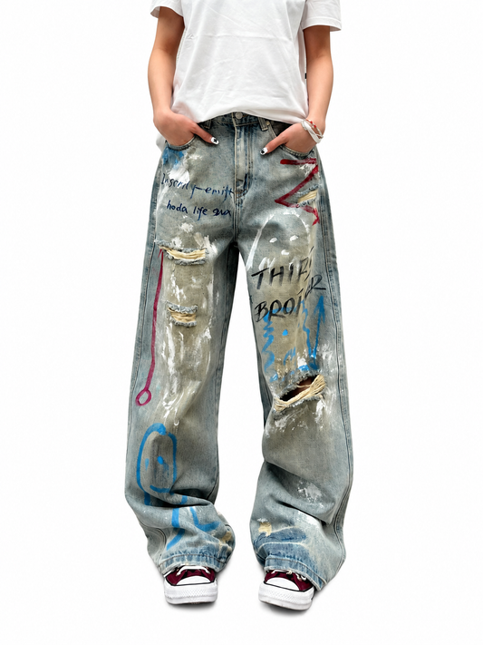 Graffiti Distressed Wide-Leg Jeans product image