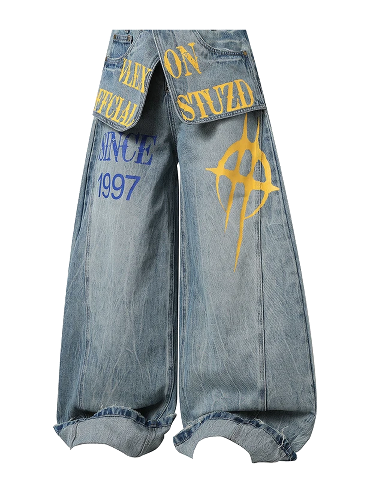 Light Wash Blue graffiti panel wide-leg jeans view 1