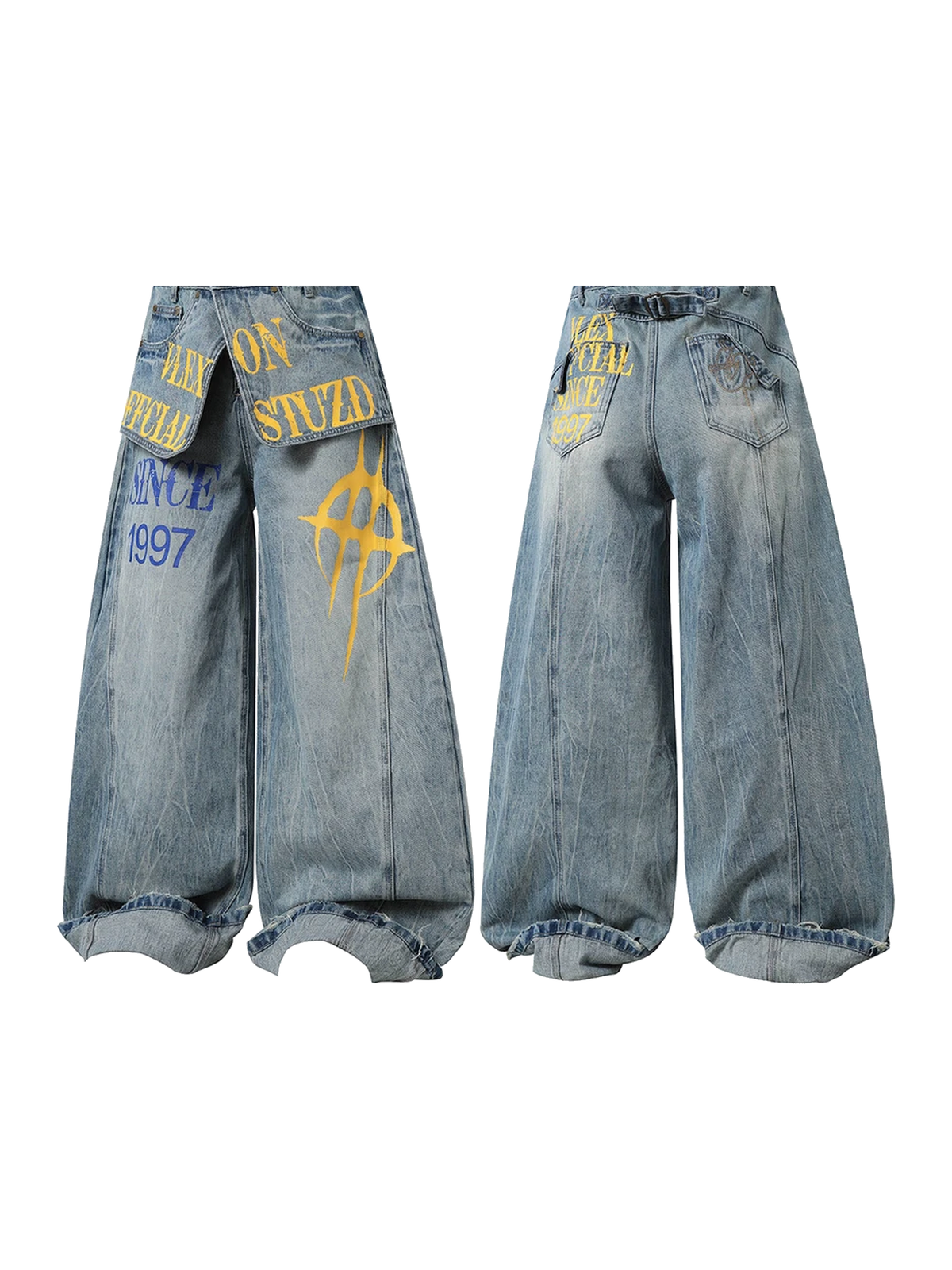 Light Wash Blue graffiti panel wide-leg jeans view 3