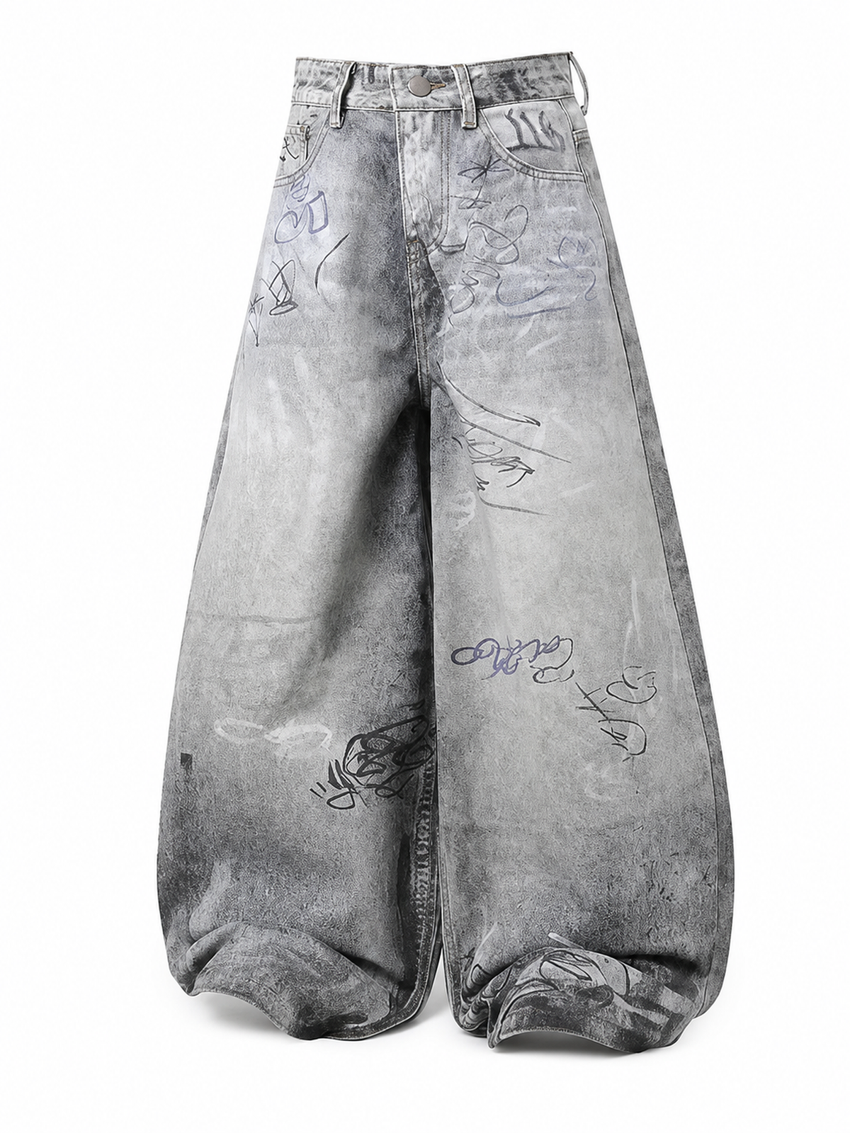 Light Wash Blue graffiti washed barrel-leg jeans view 1