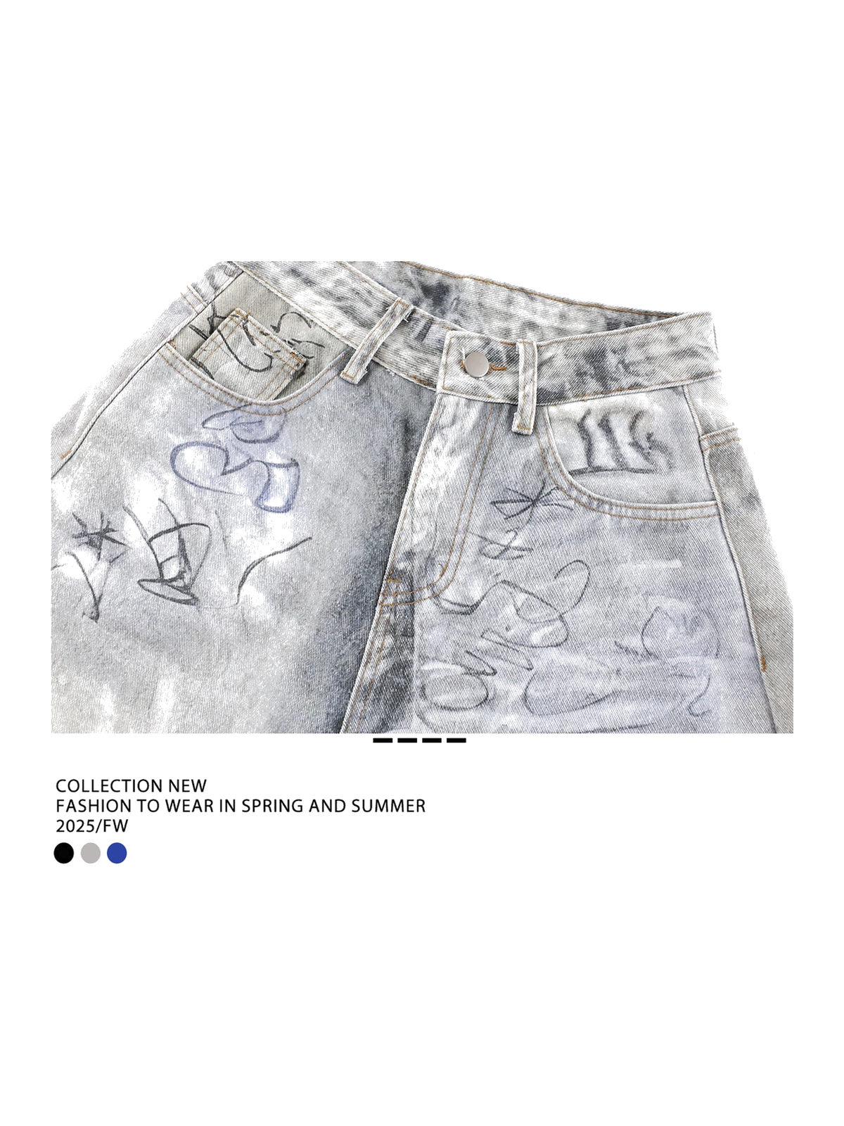 Light Wash Blue graffiti washed barrel-leg jeans view 3