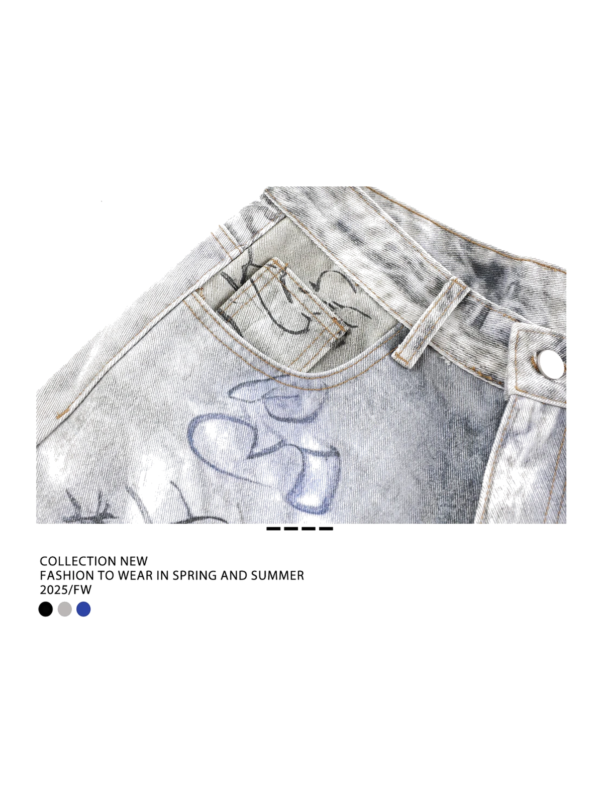 Light Wash Blue graffiti washed barrel-leg jeans view 4