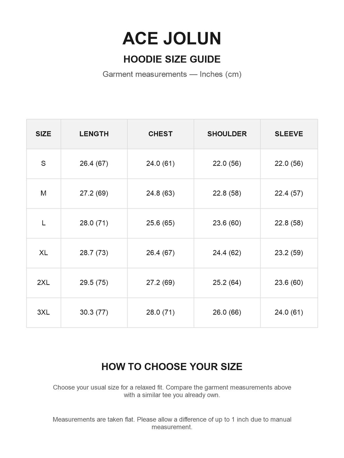 Ace Jolun Size Guide — English
