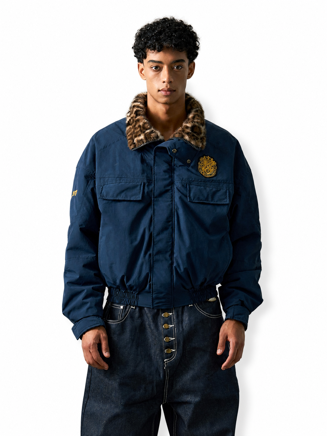 Ace Jolun navy blue leopard-collar fleece parka front view