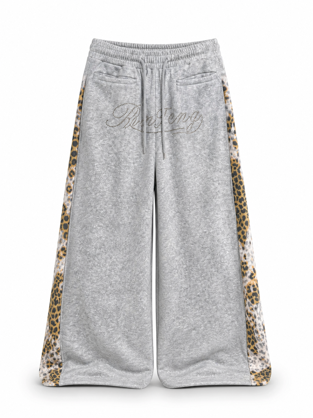 Gray leopard-panel acid-wash wide-leg sweatpants front view