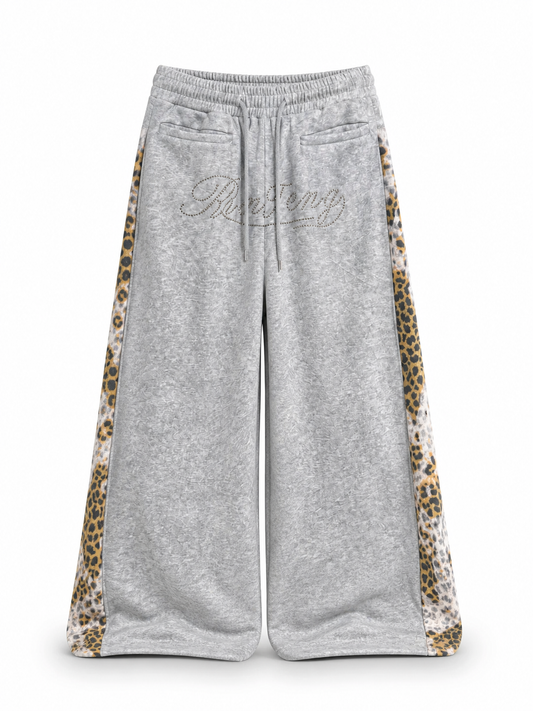 Gray leopard-panel acid-wash wide-leg sweatpants front view