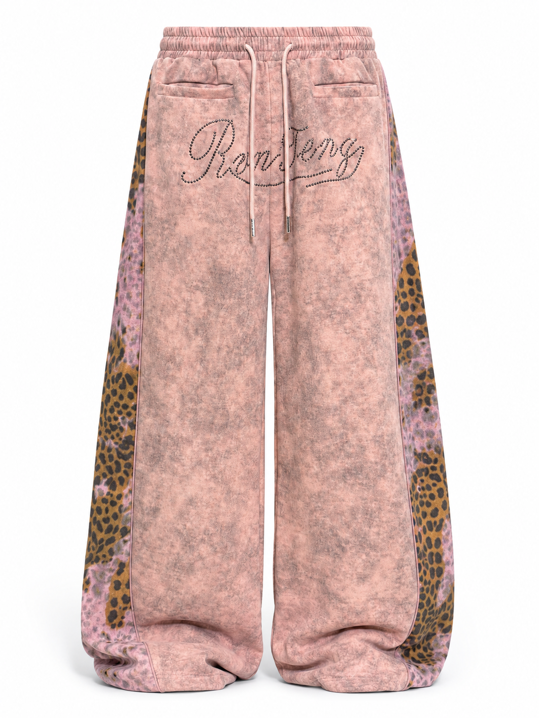 Dusty pink leopard-panel wide-leg sweatpants front view