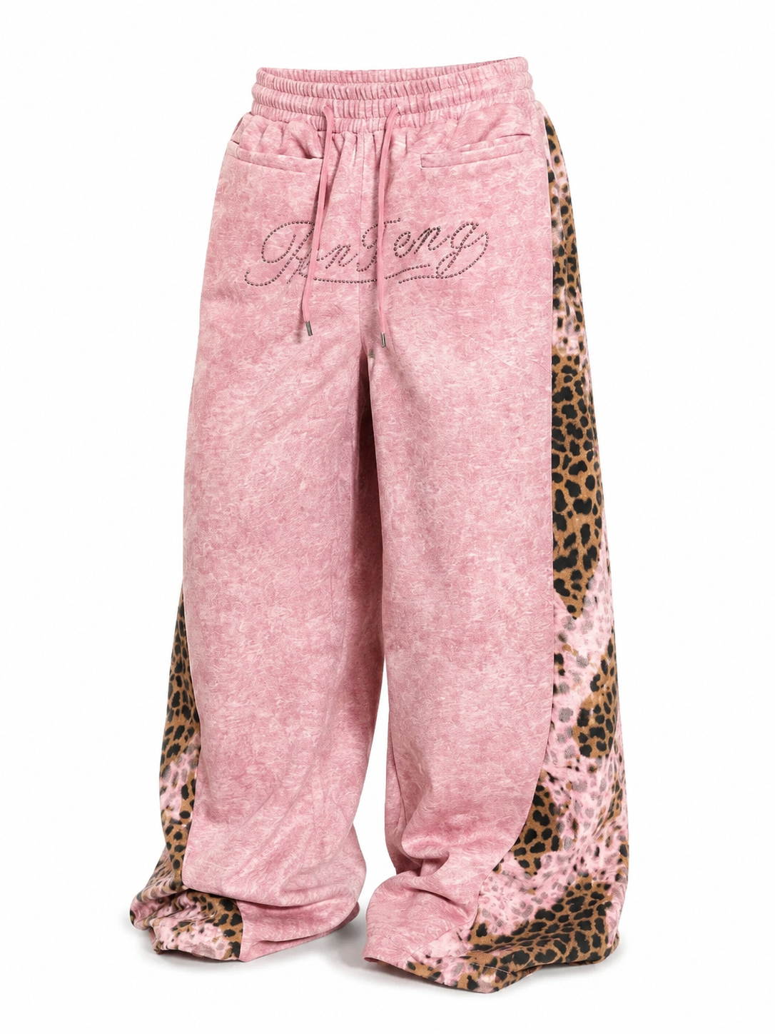 Dusty pink leopard-panel sweatpants angled view