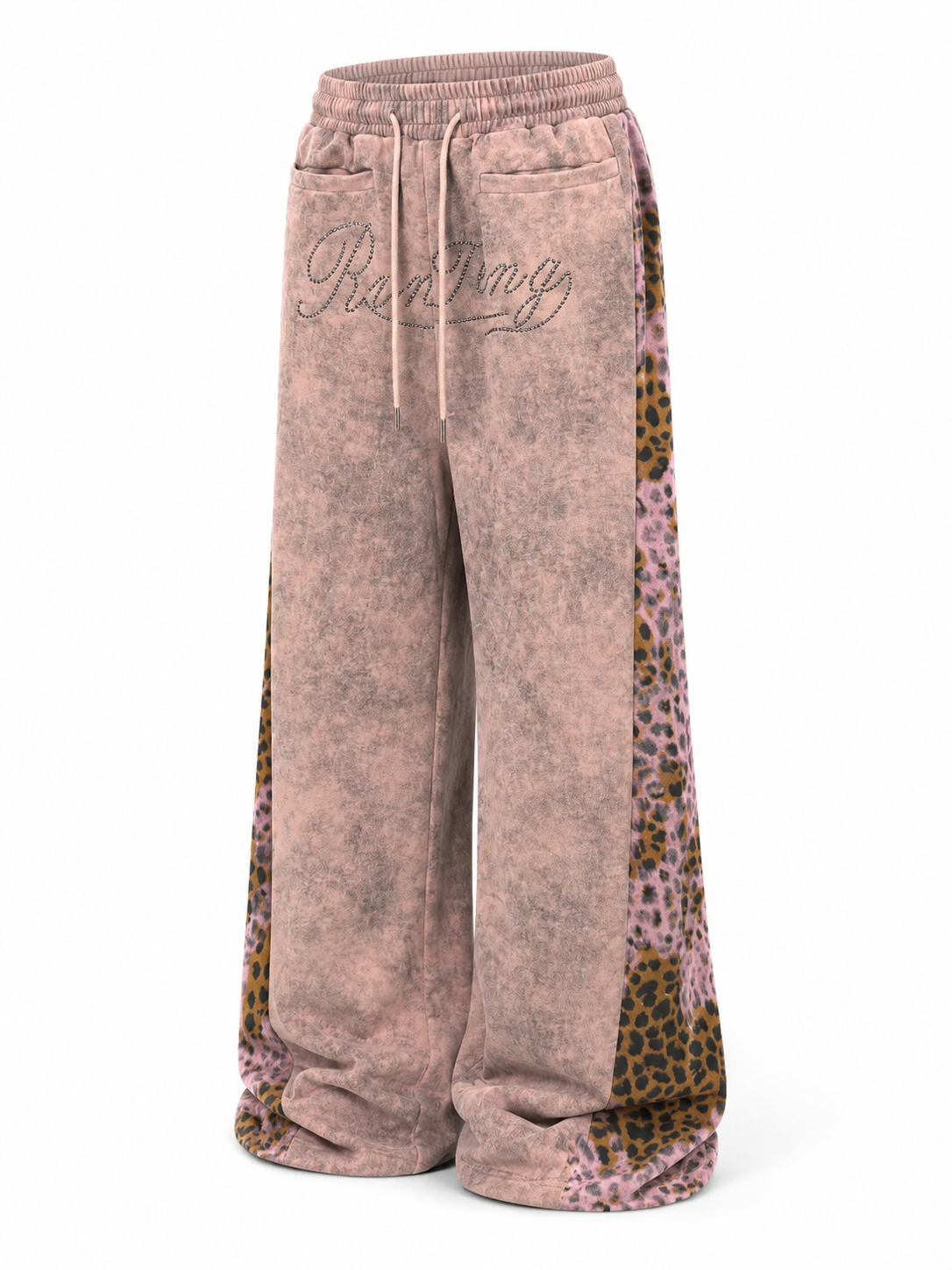 Gray leopard-panel sweatpants angled view