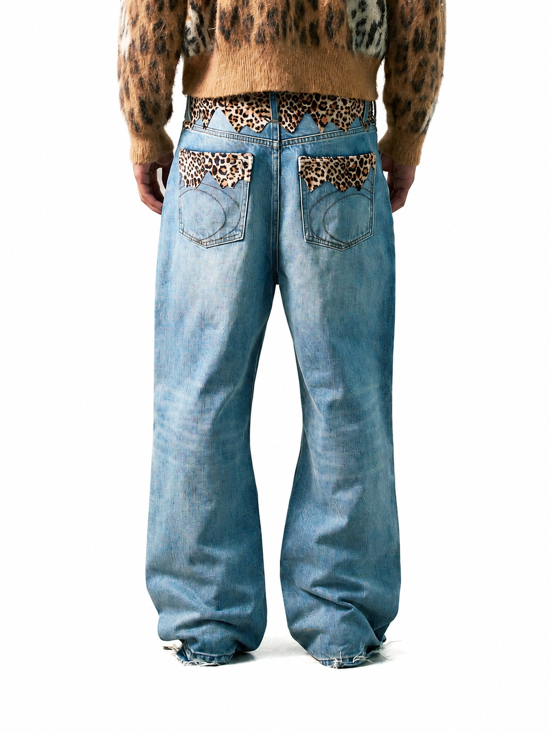 Ace Jolun Leopard Patchwork Flare Jeans back view in Light Blue