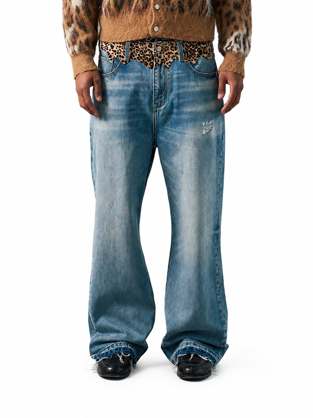 Ace Jolun Leopard Patchwork Flare Jeans front detail in Light Blue