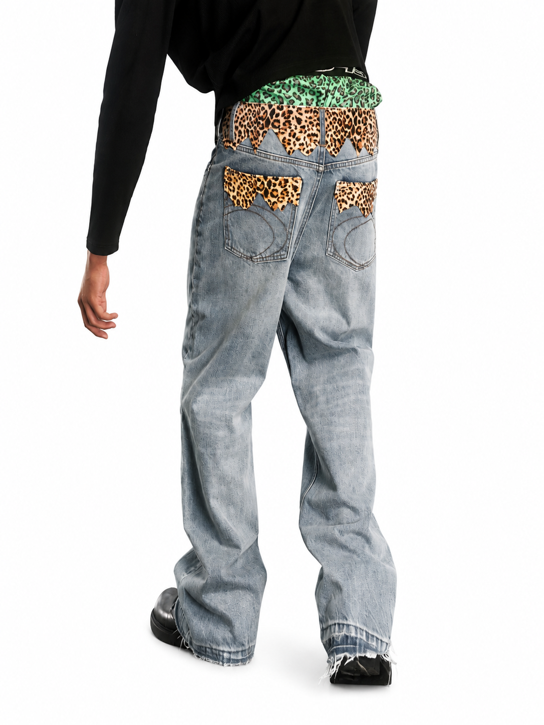 Ace Jolun Leopard Patchwork Flare Jeans styled back view in Light Blue