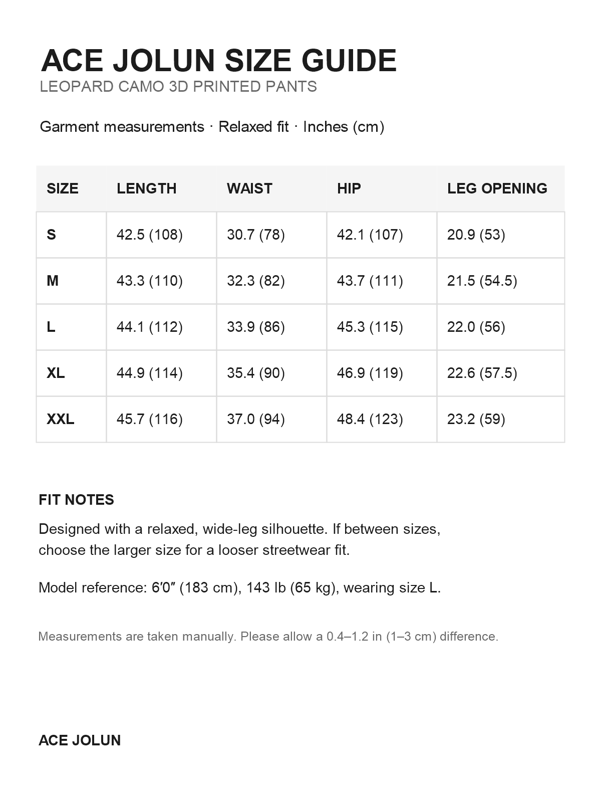 Ace Jolun leopard-print barrel-leg cargo pants size guide