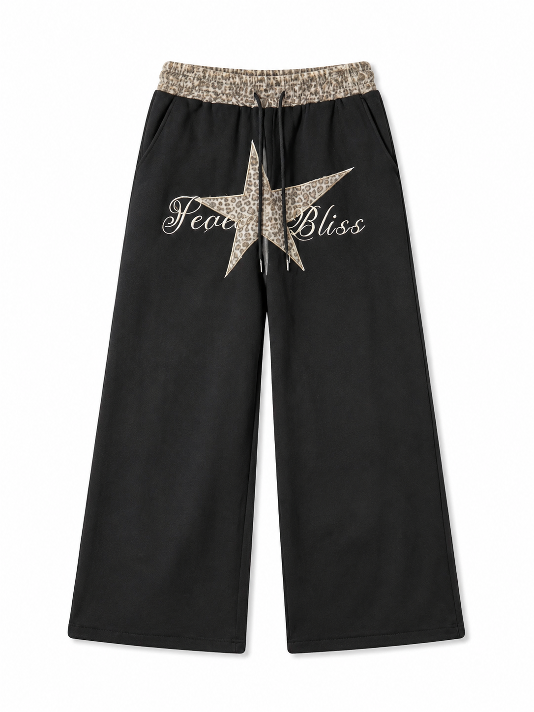 Black leopard star wide-leg sweatpants front view