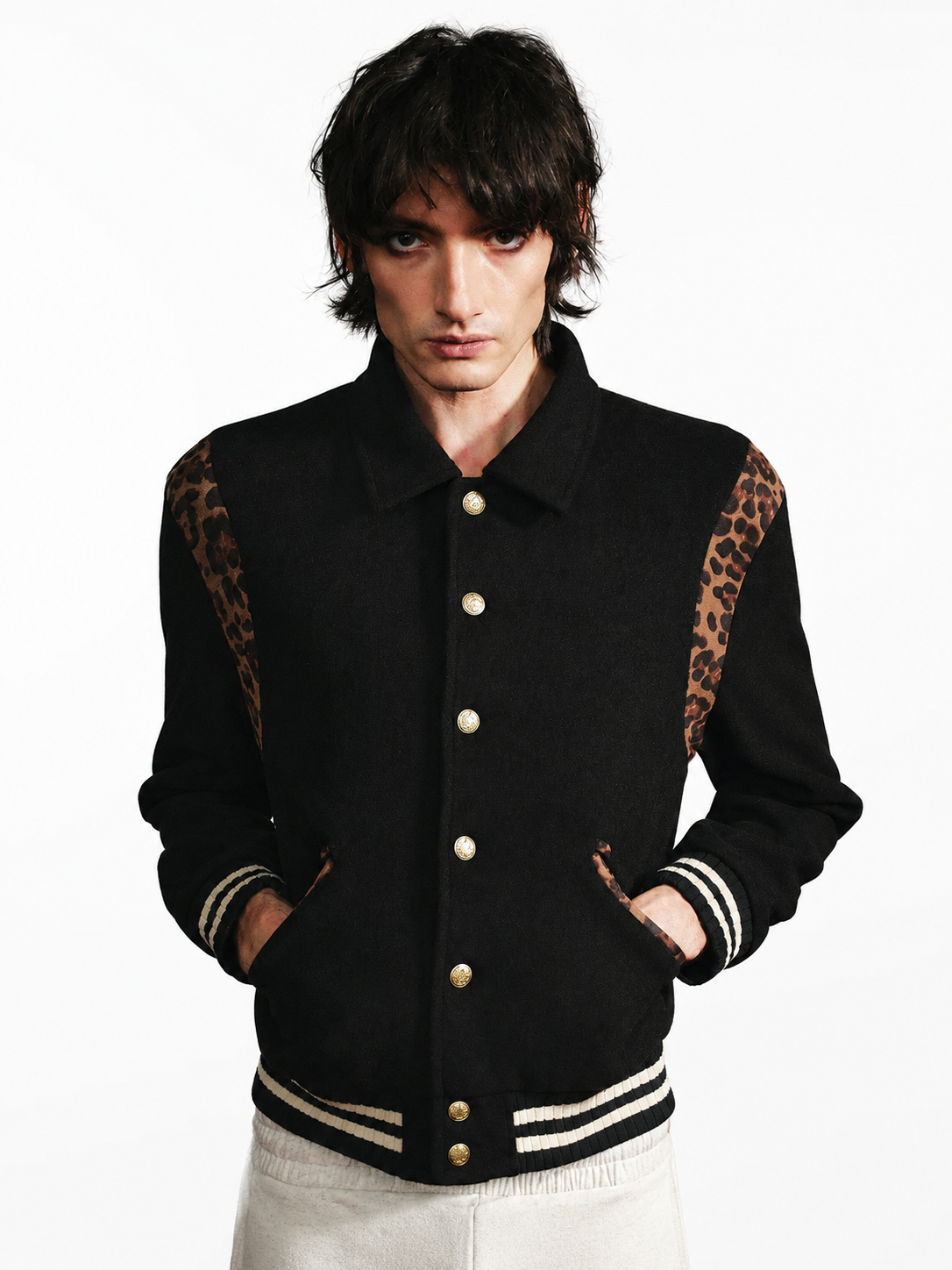 Ace Jolun black leopard-trim varsity jacket front view
