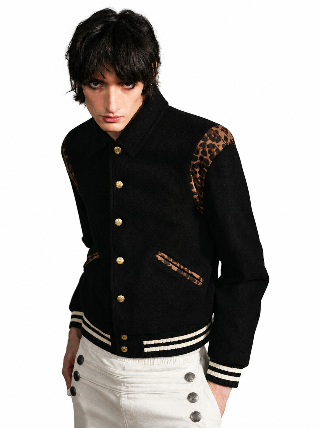 Ace Jolun black leopard-trim varsity jacket angled view