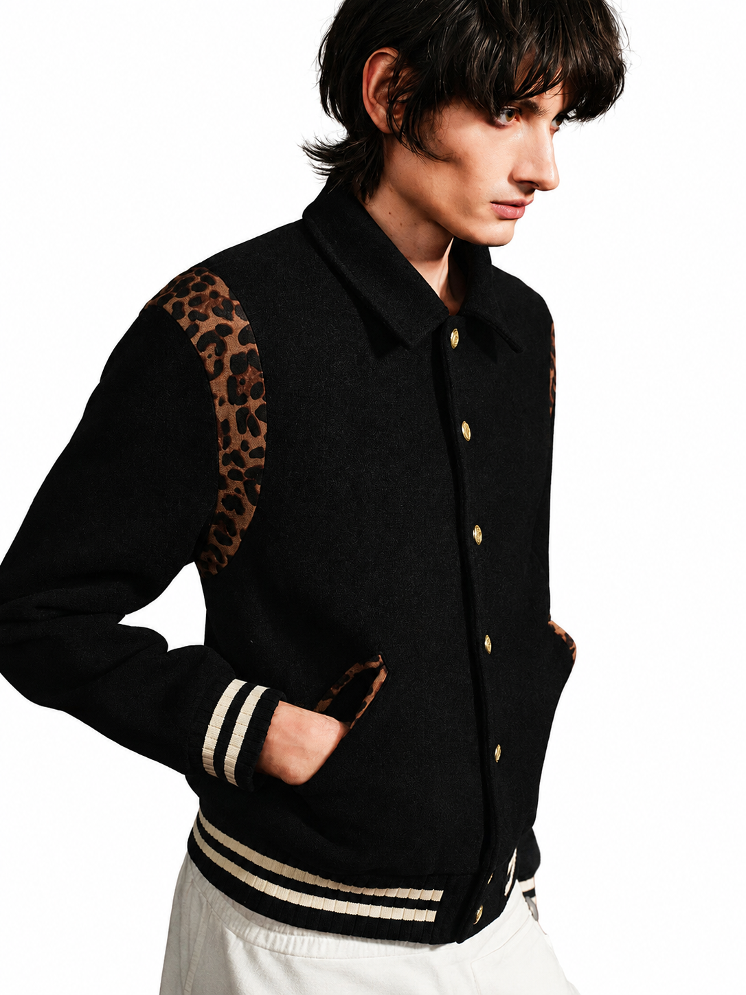 Ace Jolun black leopard-trim varsity jacket side detail