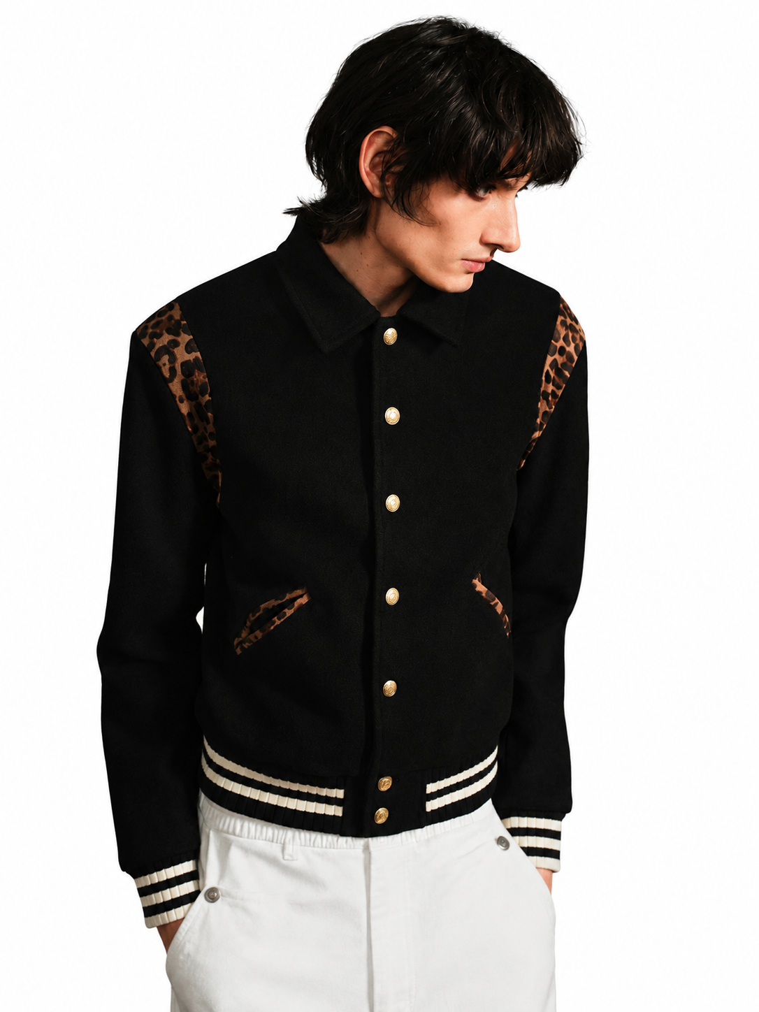 Ace Jolun black leopard-trim varsity jacket clean front view
