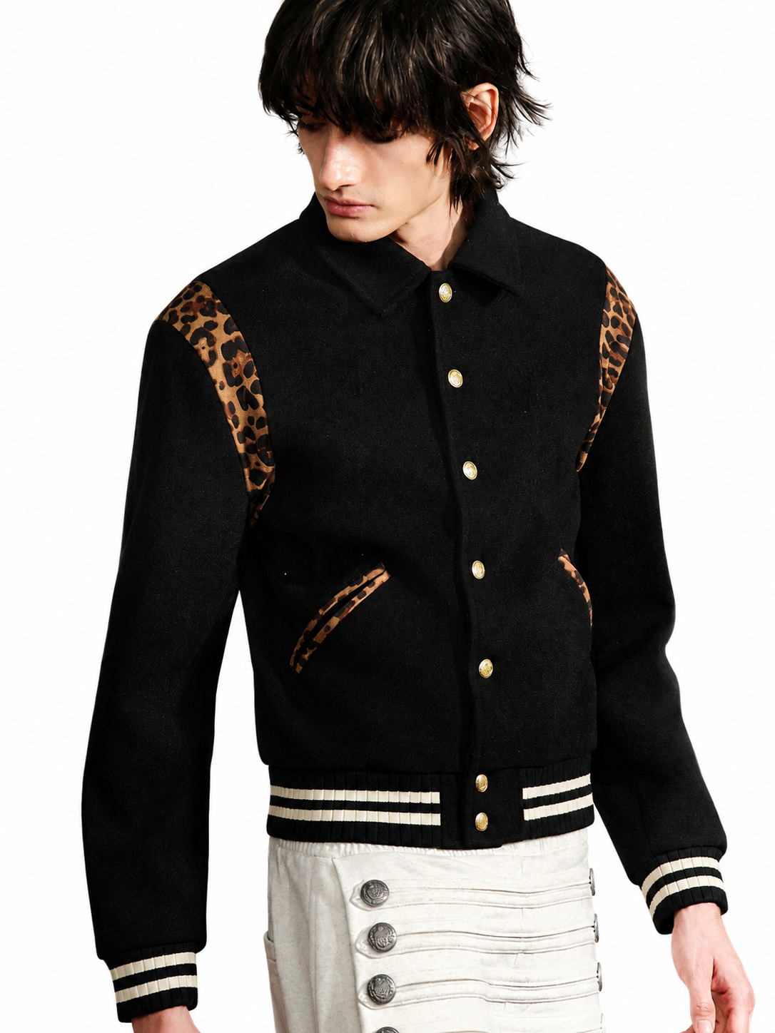 Ace Jolun black leopard-trim varsity jacket three-quarter view