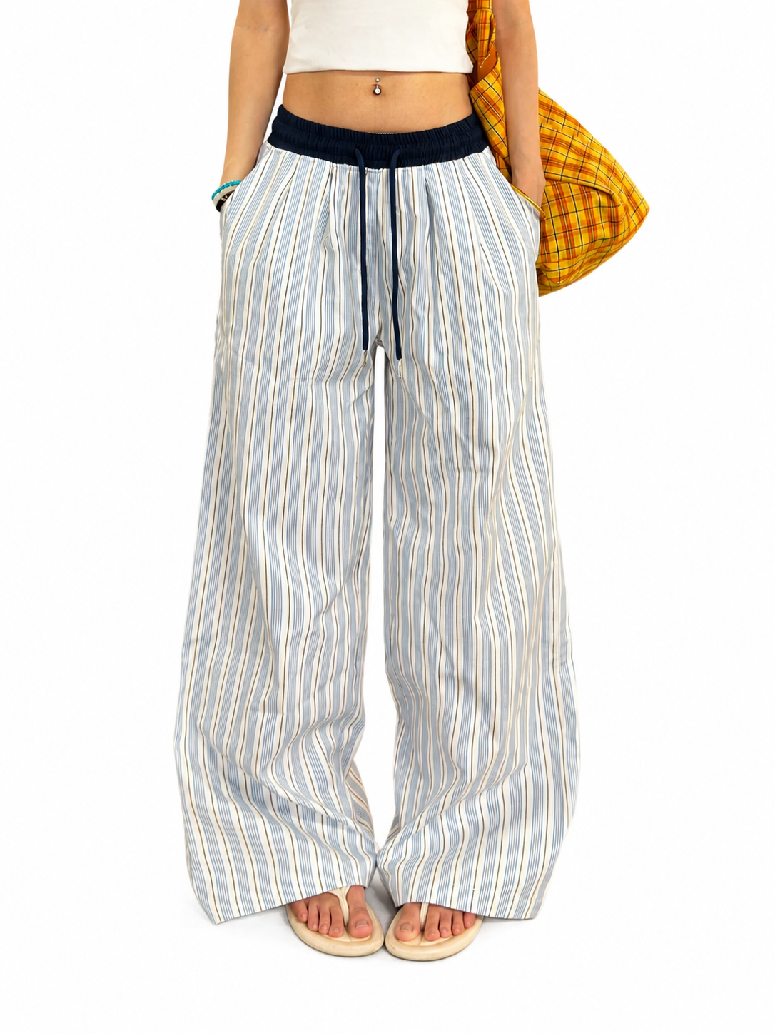 Ace Jolun ivory striped wide-leg pants front view