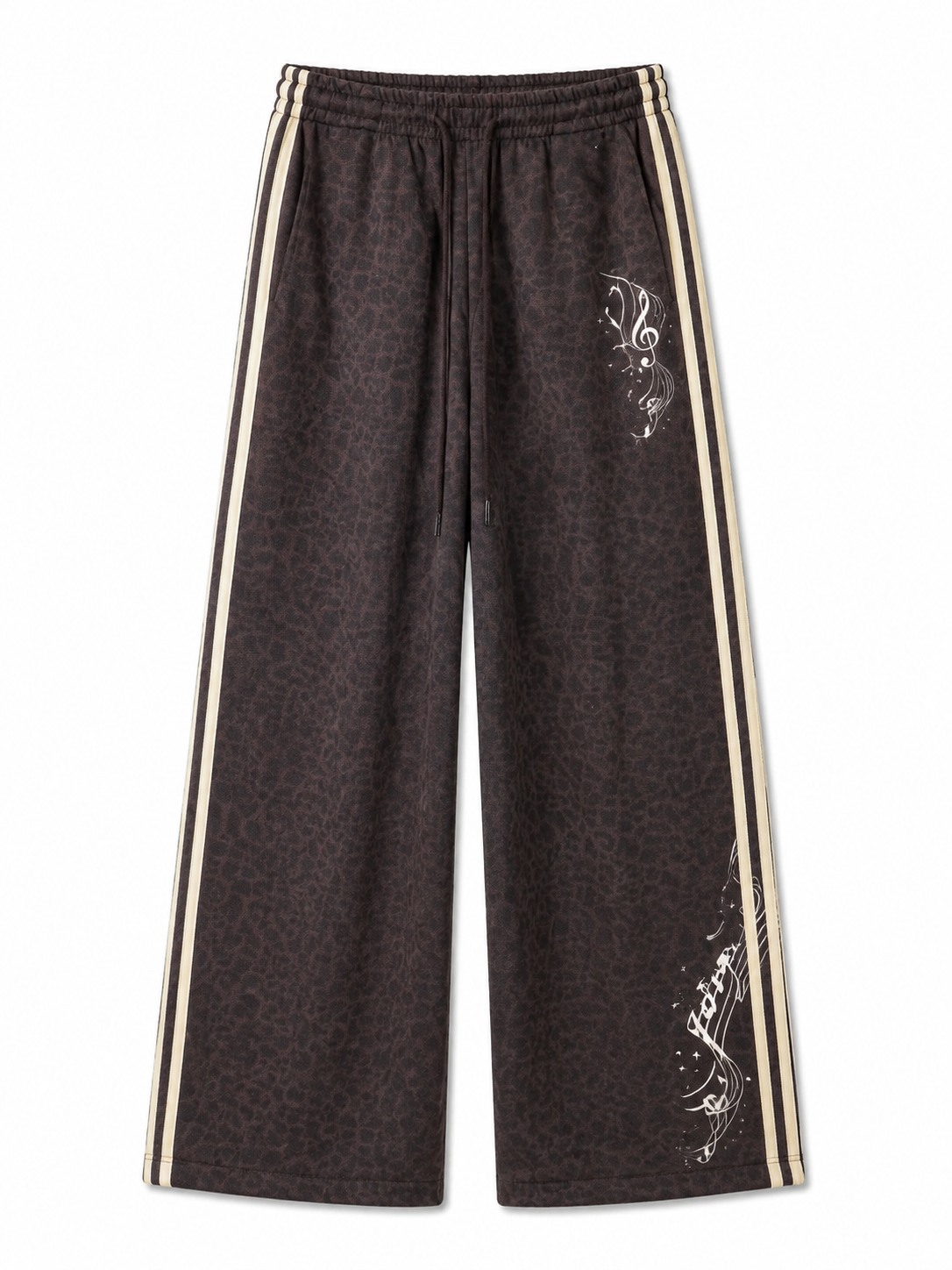 Dark brown leopard music graphic wide-leg sweatpants front view