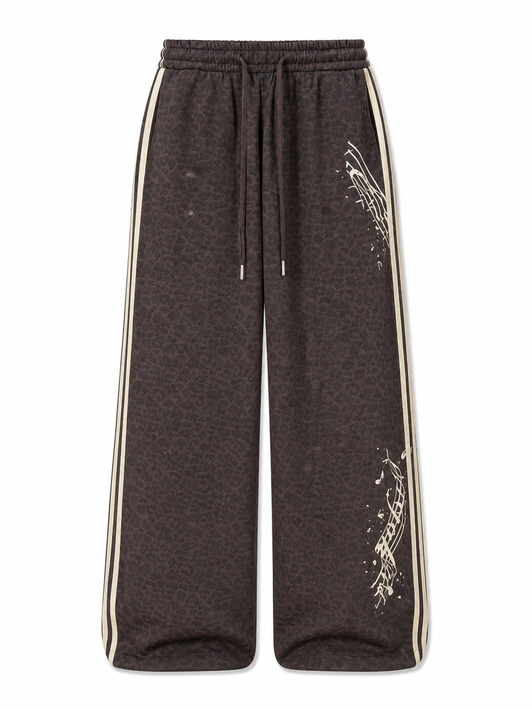Dark brown leopard music graphic sweatpants angled view