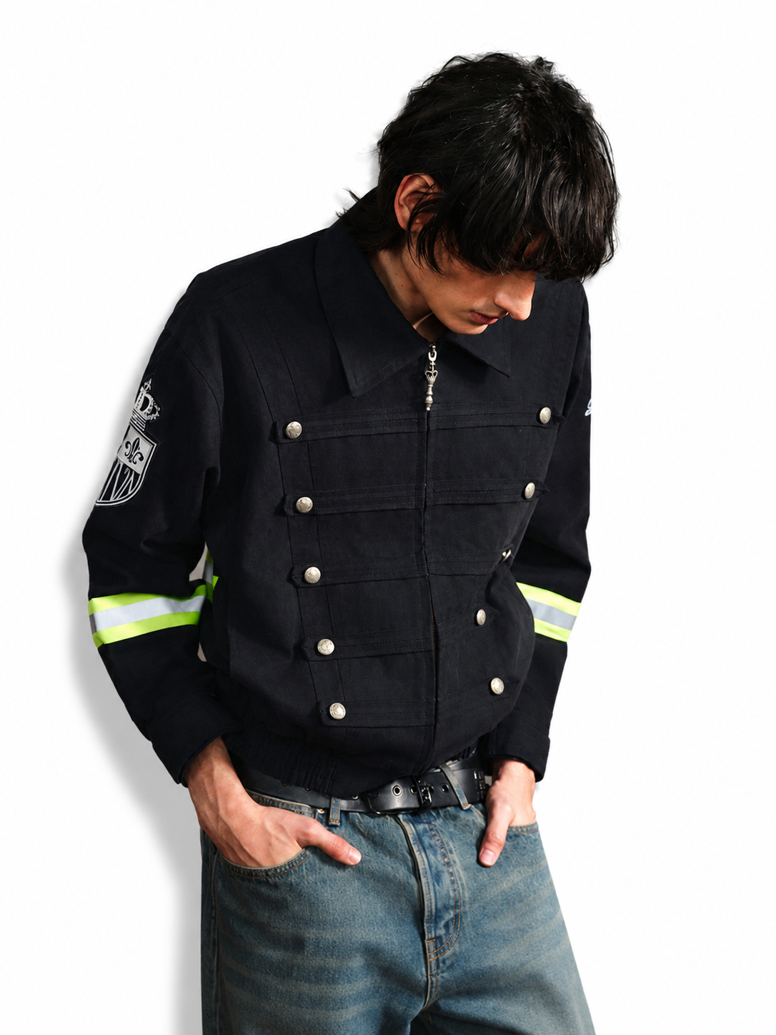 Ace Jolun navy Napoleon patch jacket styled front view