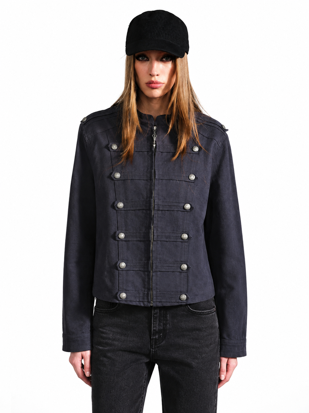 Ace Jolun navy Napoleon structured jacket women front view