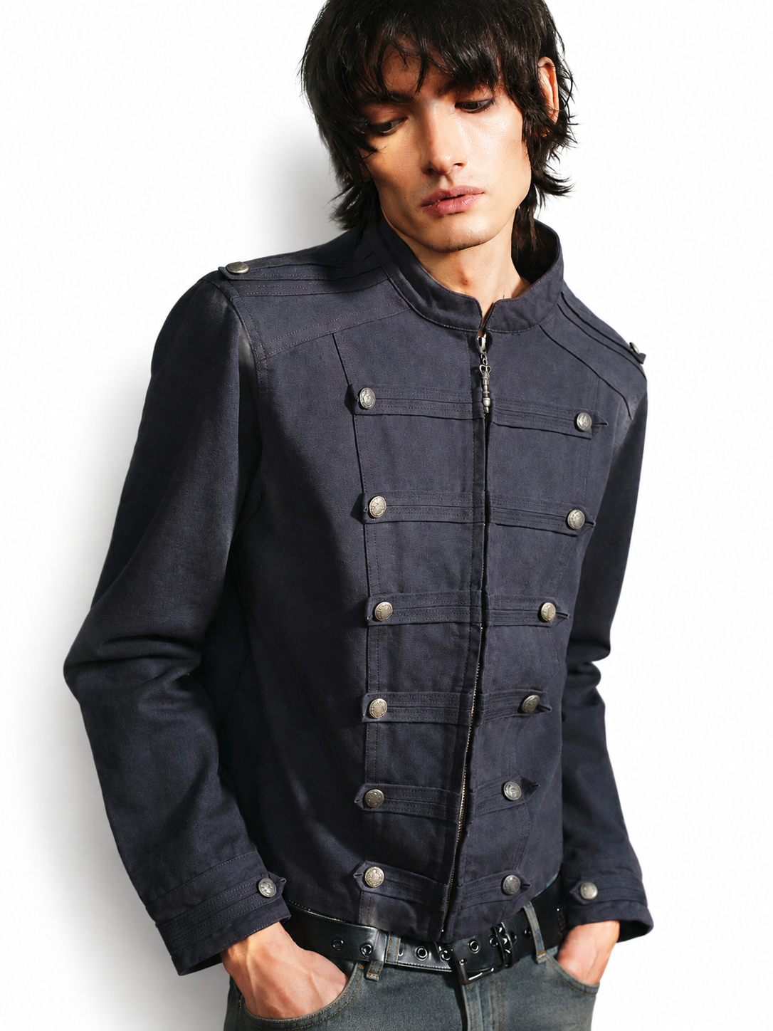 Ace Jolun navy Napoleon structured jacket three-quarter view
