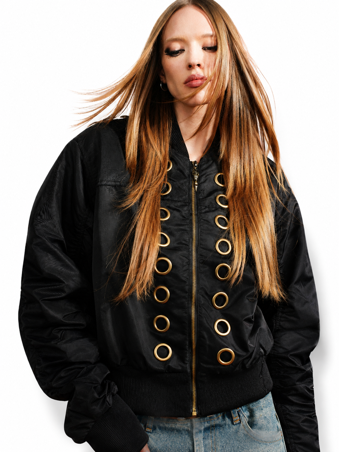 Ace Jolun black Napoleon vent eyelet bomber jacket women front view