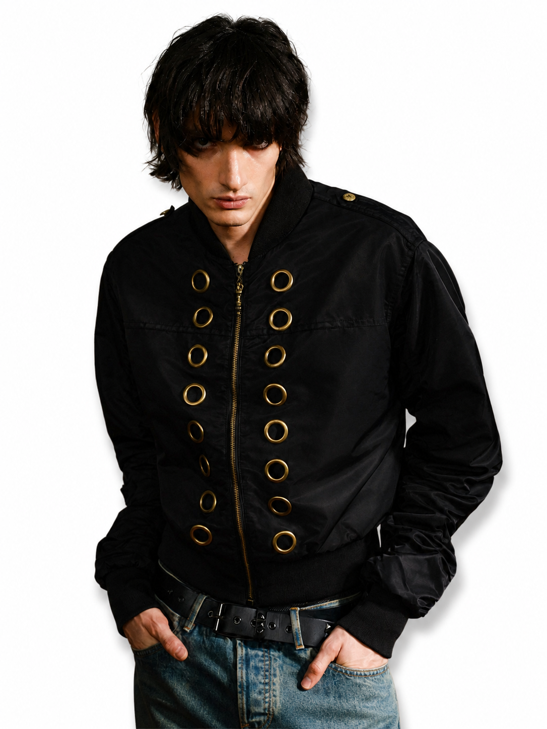 Ace Jolun black Napoleon eyelet bomber jacket men front view
