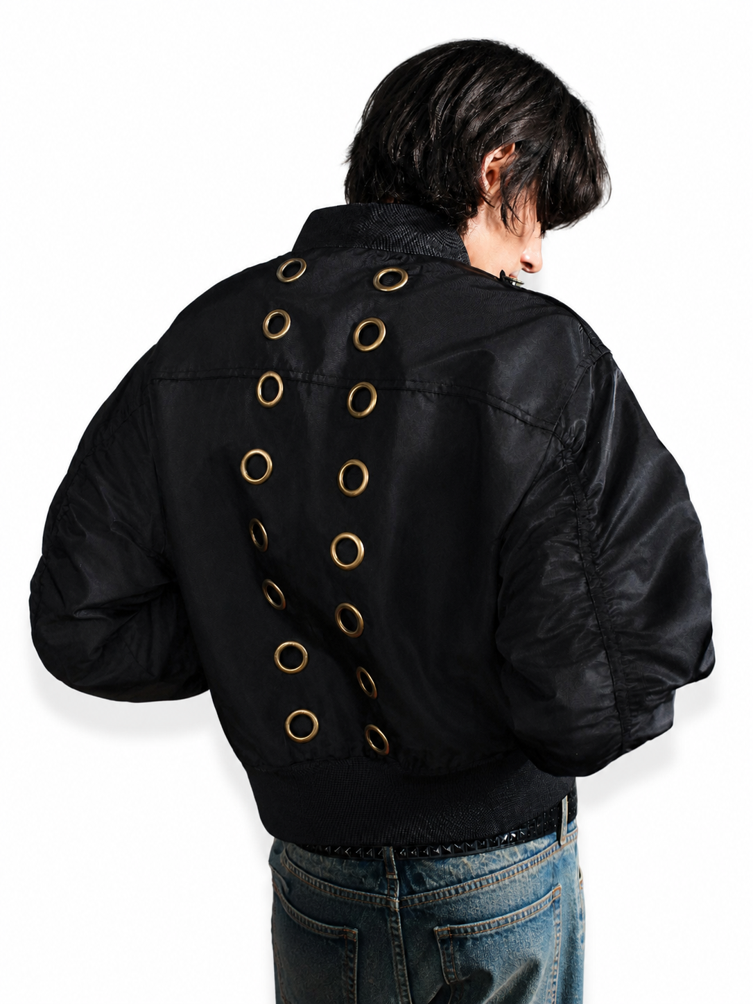Ace Jolun black Napoleon vent eyelet bomber jacket rear view
