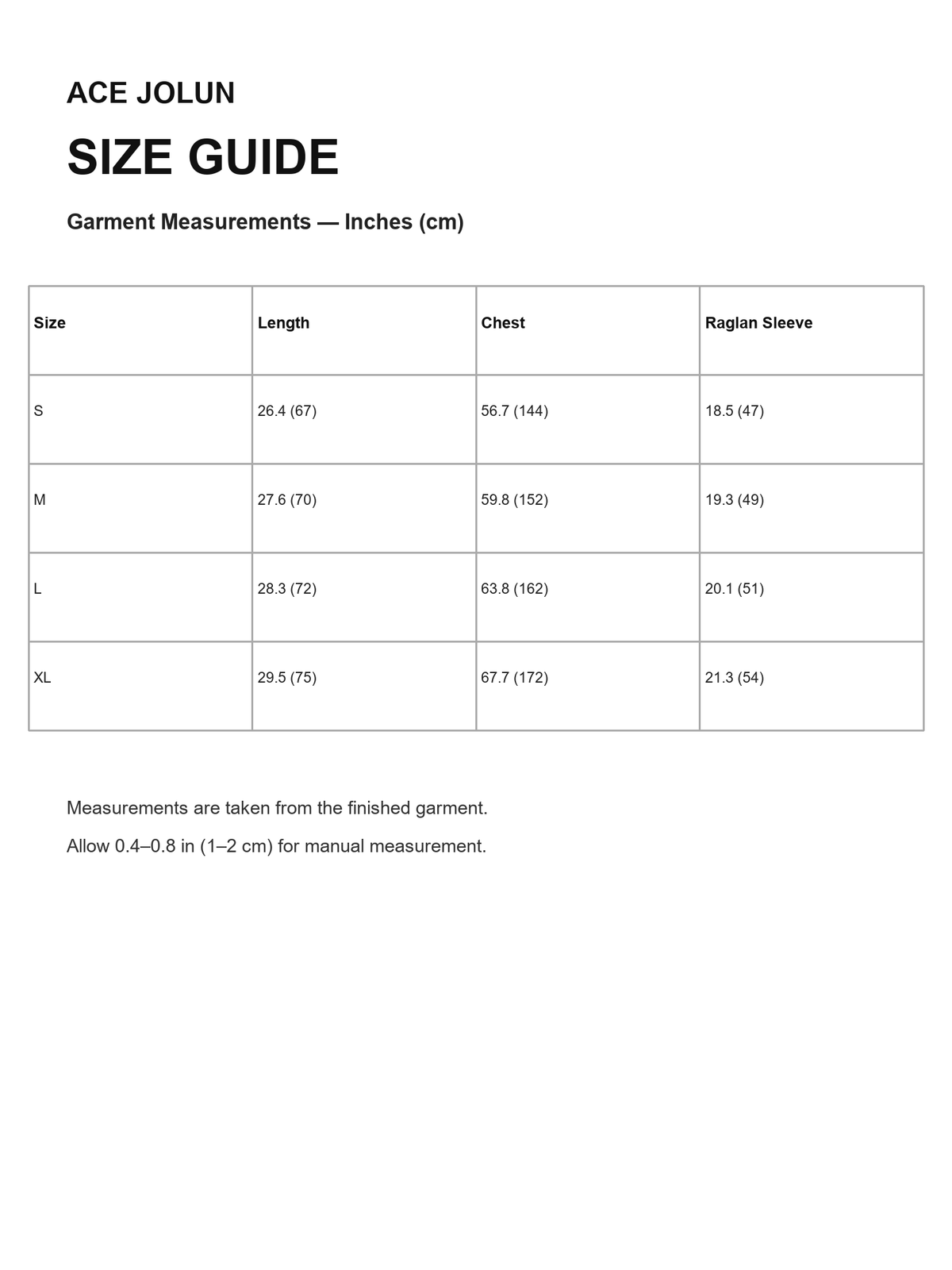 Ace Jolun size guide for One-Piece Signature Graphic Tee