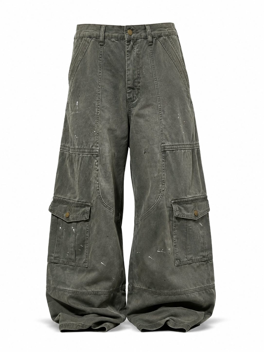 Olive gray paint-splatter multi-pocket wide-leg cargo pants front view