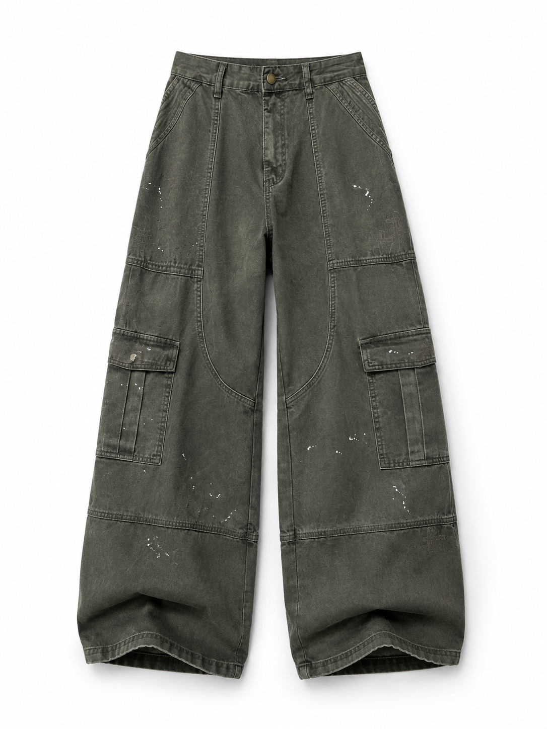 Olive gray paint-splatter cargo pants alternate front view