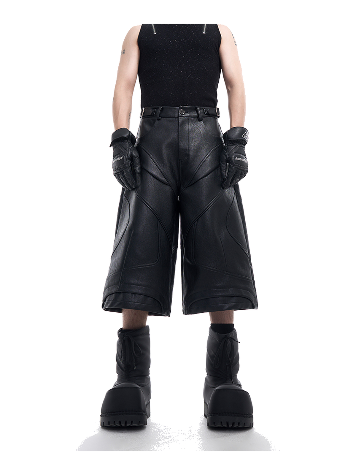 Paneled Faux-Leather Longline Shorts product view 1