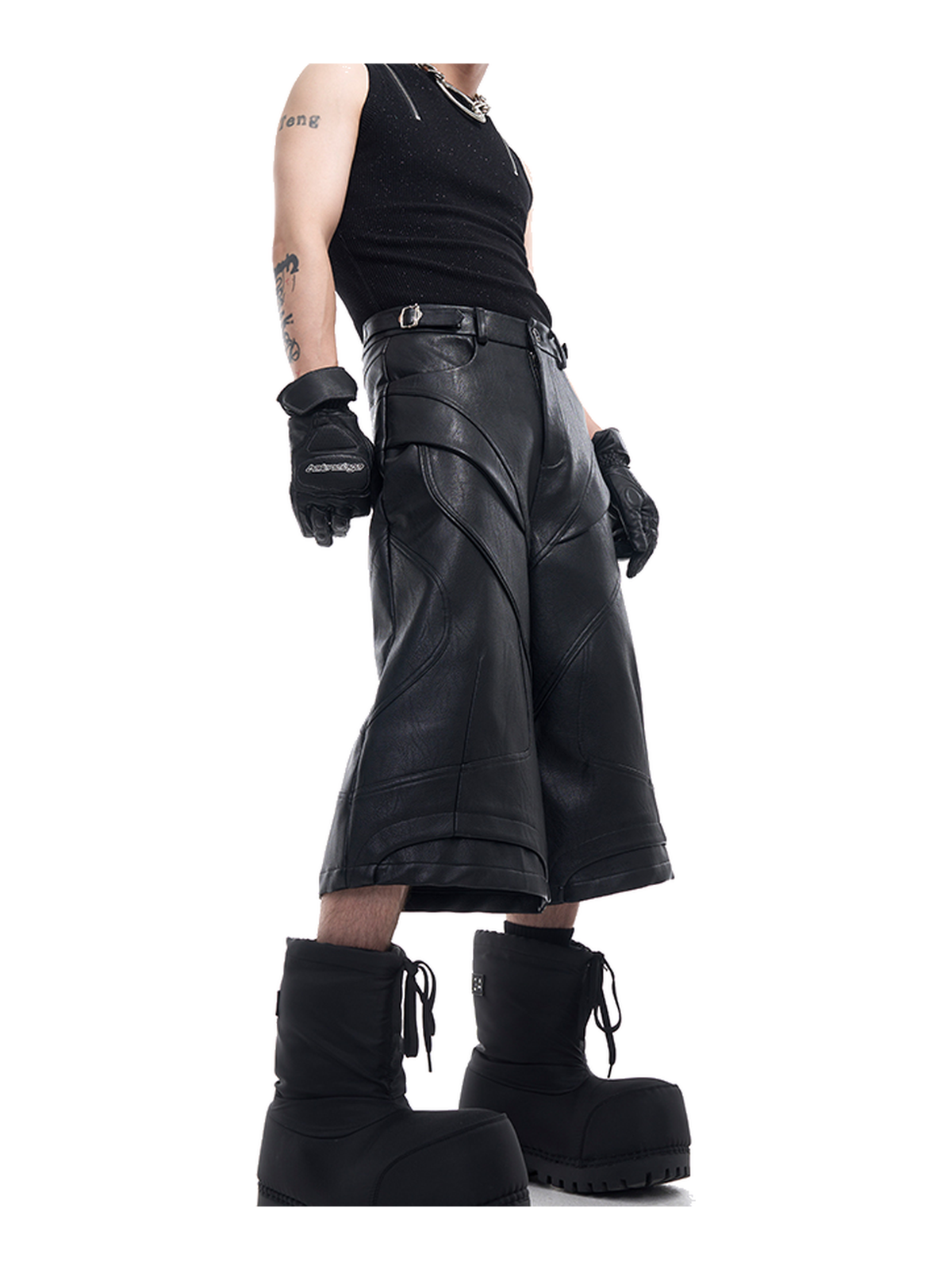Paneled Faux-Leather Longline Shorts product view 3