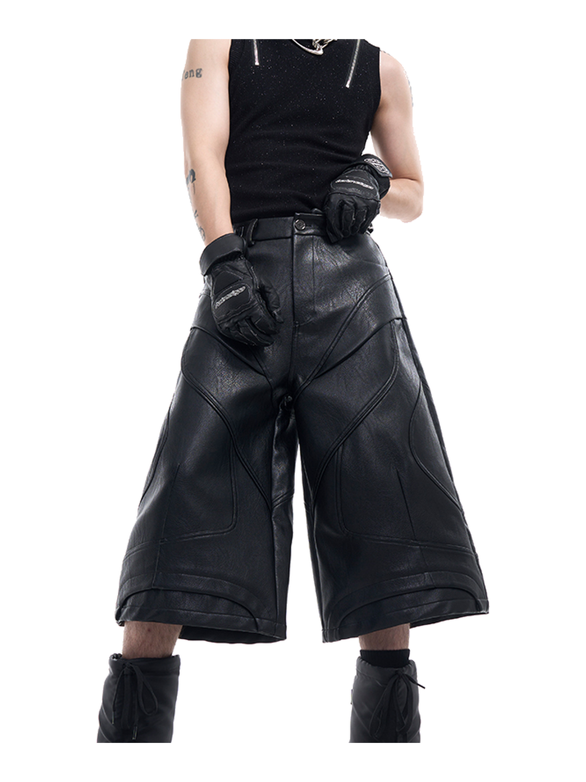 Paneled Faux-Leather Longline Shorts product view 4