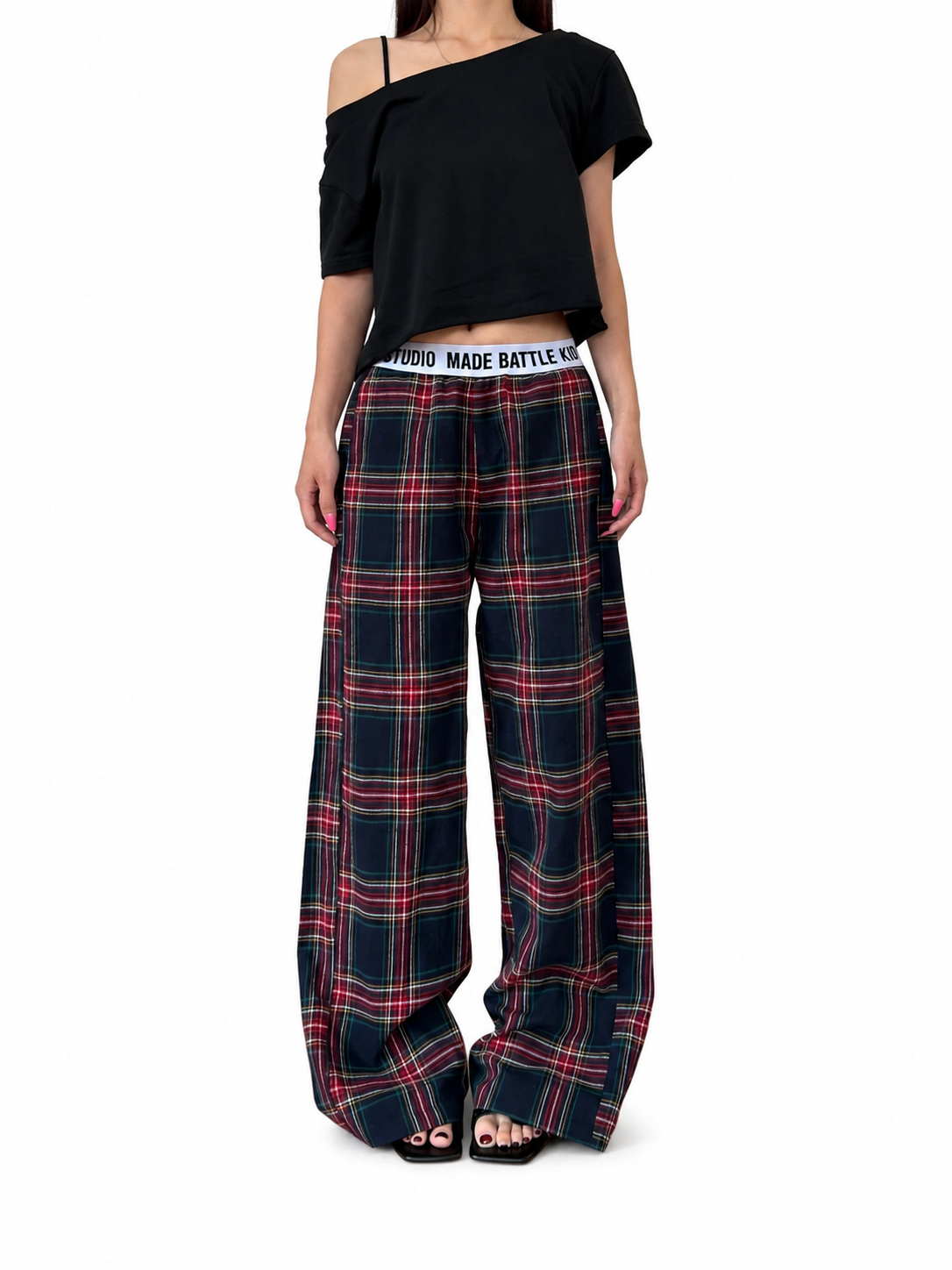 Ace Jolun navy and red plaid wide-leg pants front view