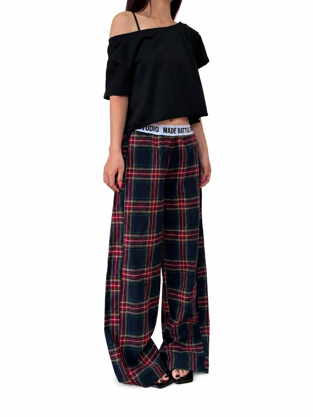 Ace Jolun navy and red plaid wide-leg pants alternate view