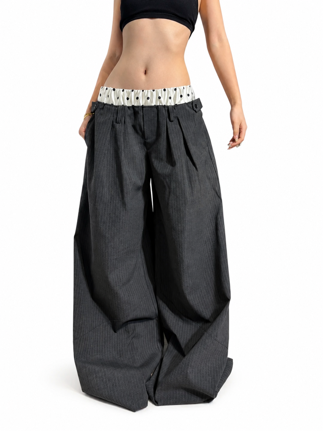 Charcoal gray pinstripe wide-leg pants front view