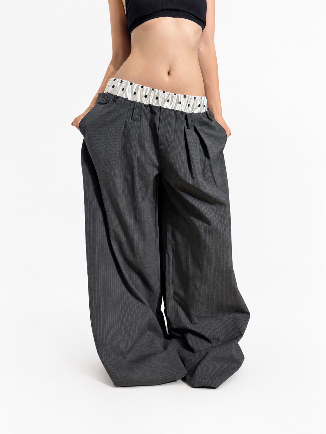 Charcoal gray double-waist pants front angle