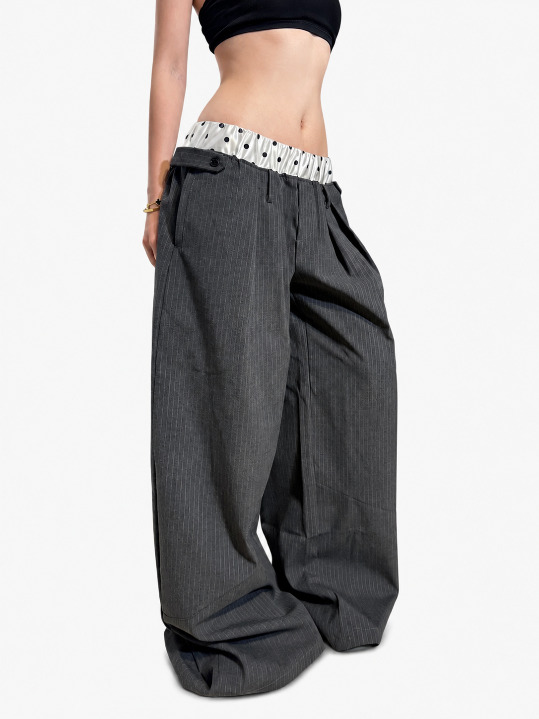 Double-waist pinstripe pants side view