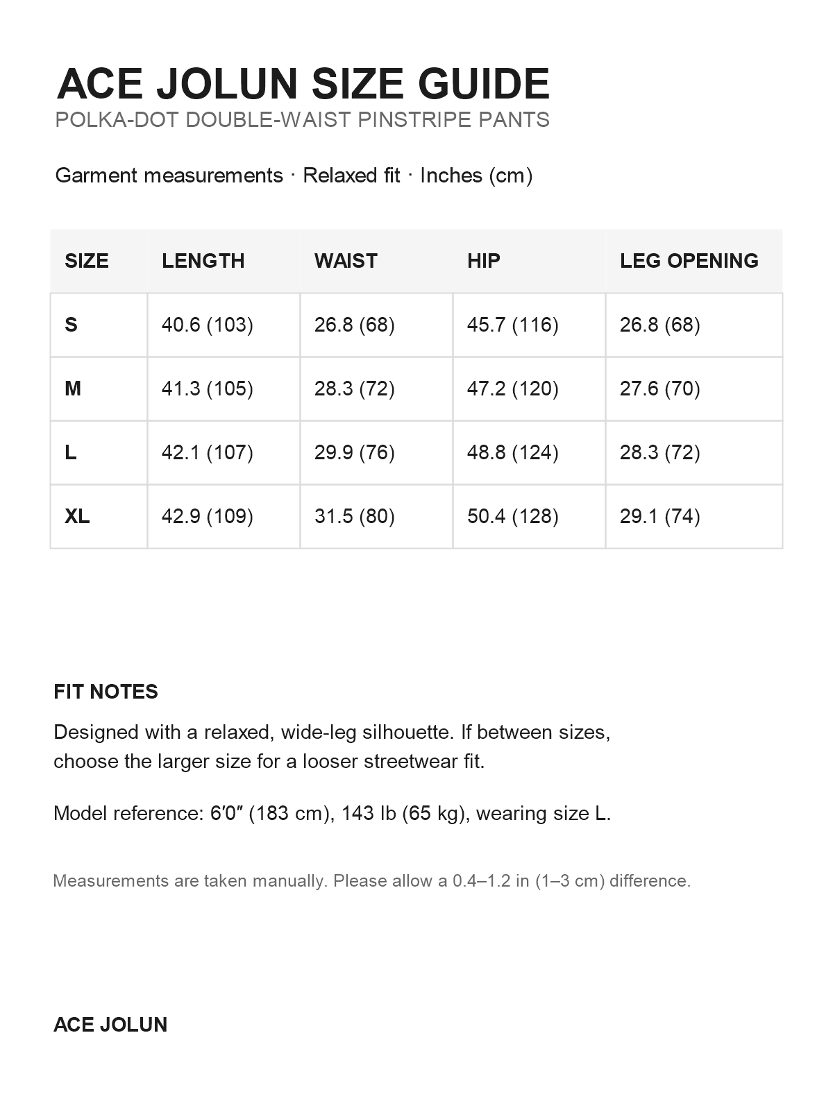Ace Jolun size guide for pinstripe wide-leg pants